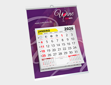 Folhinha Comercial c/ Vareta Metálica Duplex 250g Verniz Total Frente 24,5x35 e Bloco de Calendário 2026 - 4x0 - 500 unid