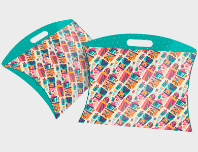 PRE005 - Caixa Travesseiro Média com Alça Modelo Presente Couchê 300g Verniz Total Frente 28,2x6,1x23,7cm - 4x0 - 250 unid