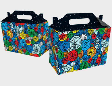 ESP002 - Caixa de Presente Extra Pequena com Alça Modelo Espiral Couchê 300g Verniz Total Frente 18,9x9x13,5cm - 4x0 - 250 unid