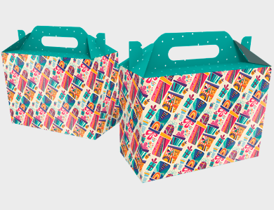 PRE002 - Caixa de Presente Extra Pequena com Alça Modelo Presente Couchê 300g Verniz Total Frente 18,9x9x13,5cm - 4x0 - 50 unid